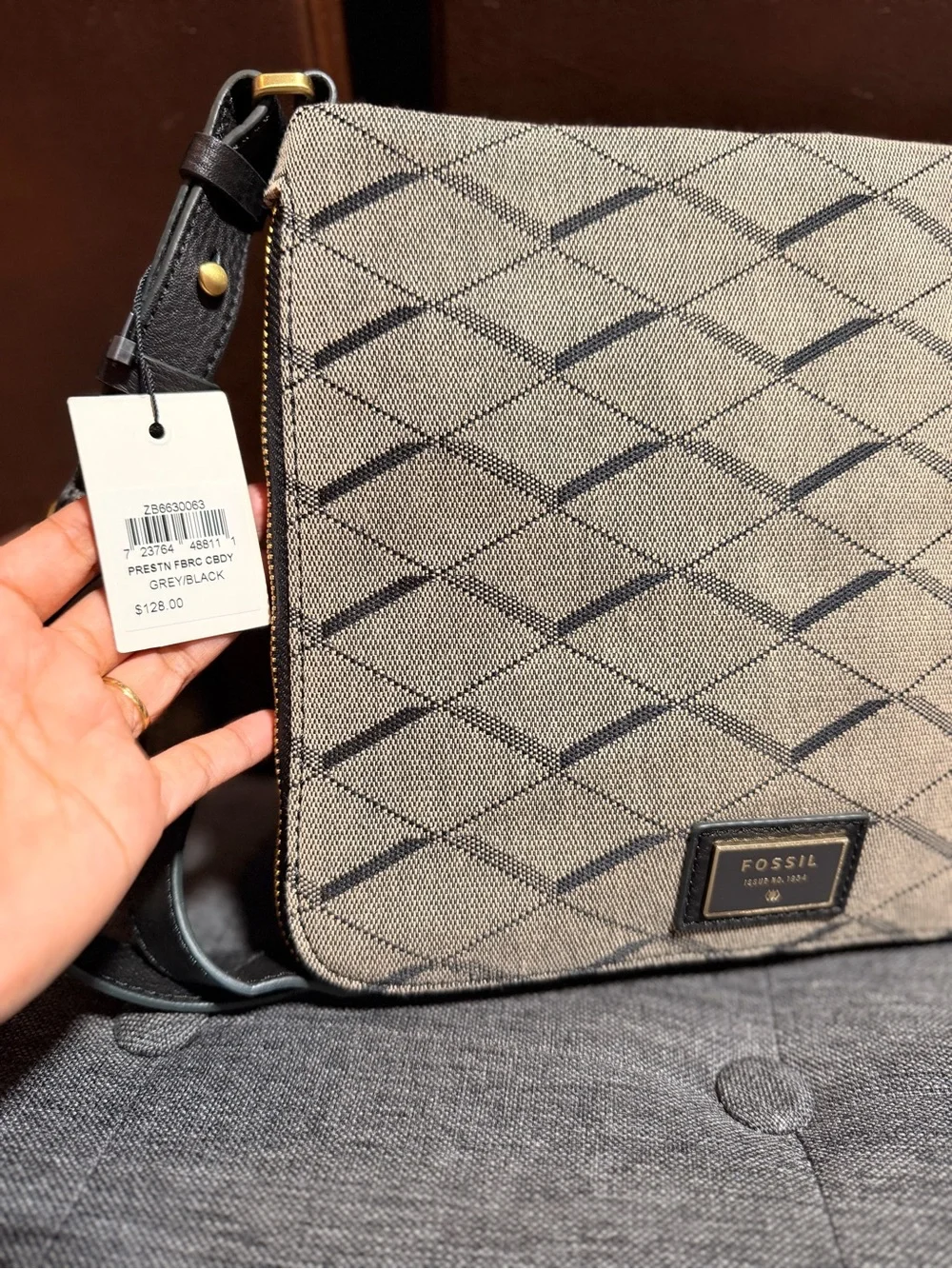 Fossil Preston Expandable Crossbody Bag Grey Black Diamond Jacquard Leather